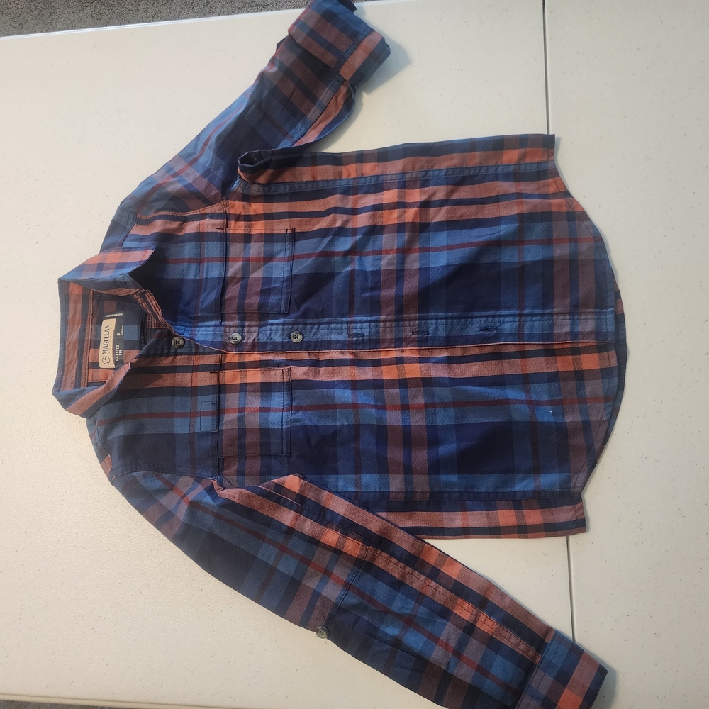 Magellan Outdoors Blue and Orange Plaid Button-Up Shirt